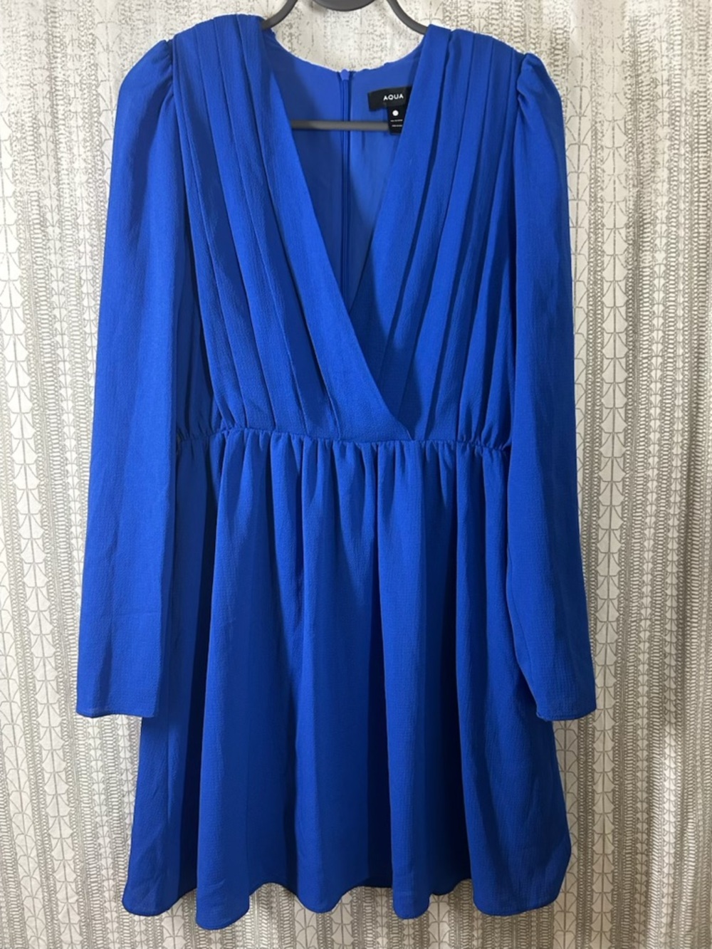 Aqua Cobalt Blue Long Sleeve V-Neck Pleated Waist Dress